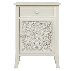 End Table with Drawer and Door Storage, Fir Wood in White Wash