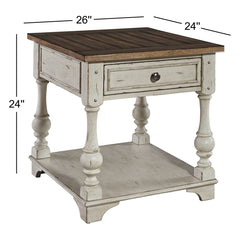 End Table with Drawer and Shelf in Solid Wood, Brown Top and White Base
