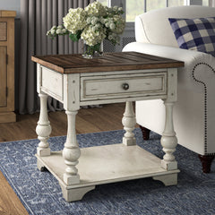 End Table with Drawer and Shelf in Solid Wood, Brown Top and White Base