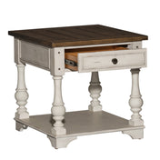 End Table with Drawer and Shelf in Solid Wood, Brown Top and White Base