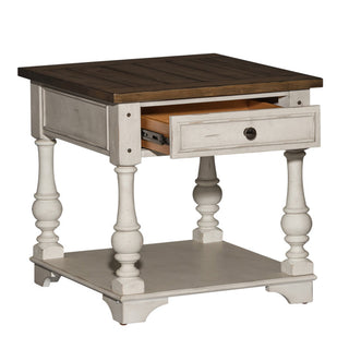 End Table with Drawer and Shelf in Solid Wood, Brown Top and White Base