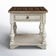End Table with Drawer and Shelf in Solid Wood, Brown Top and White Base