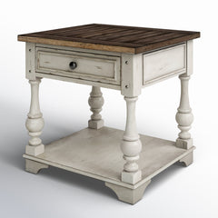 End Table with Drawer and Shelf in Solid Wood, Brown Top and White Base