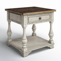 End Table with Drawer and Shelf in Solid Wood, Brown Top and White Base