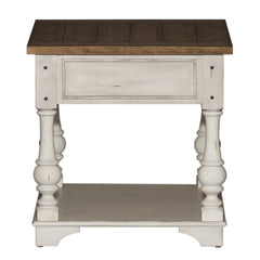 End Table with Drawer and Shelf in Solid Wood, Brown Top and White Base