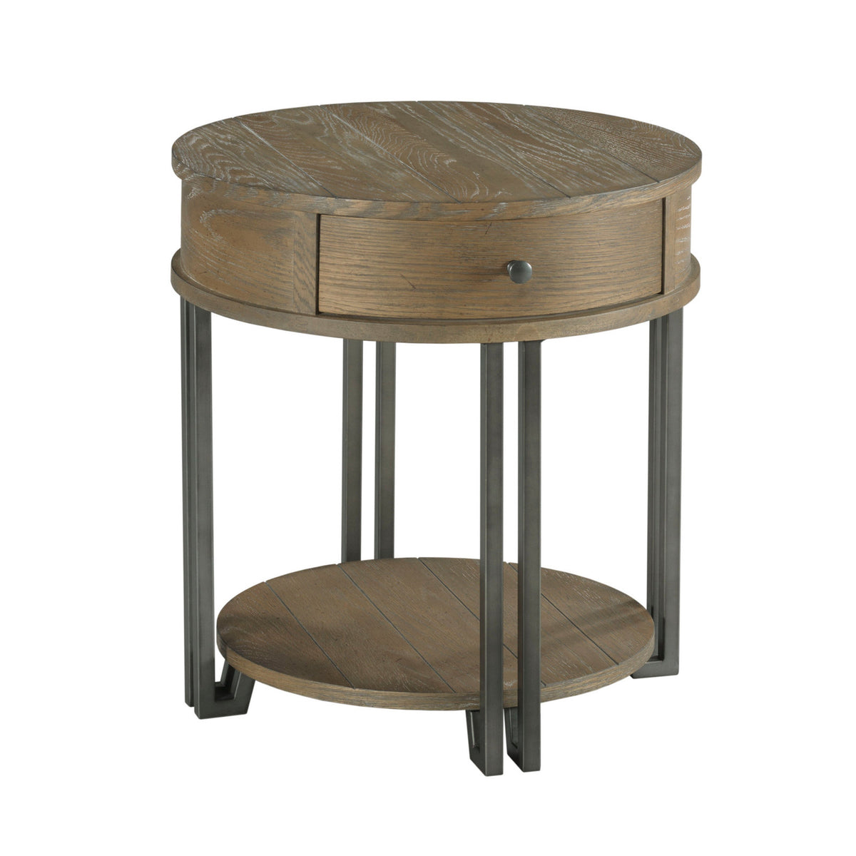 End Table with Drawer and Shelf, Round Cinnamon Wood Top in Black Steel Base