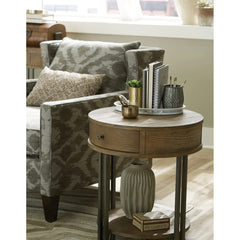 End Table with Drawer and Shelf, Round Cinnamon Wood Top in Black Steel Base