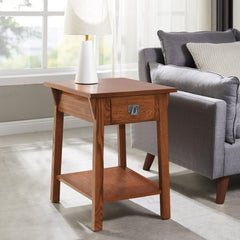 End Table with Drawer and Shelf, Solid Ash Wood, Russet