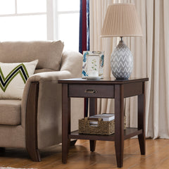 End Table with Drawer and Shelf, Solid Pine Wood in Chocolate Cherry