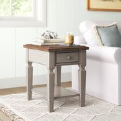 End Table with Drawer in Solid Wood, Rustic Brown Top and Gray Base