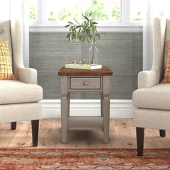End Table with Drawer in Solid Wood, Rustic Brown Top and Gray Base