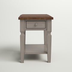 End Table with Drawer in Solid Wood, Rustic Brown Top and Gray Base