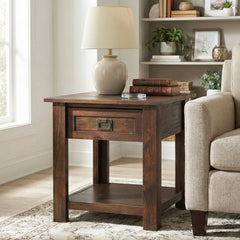 End Table with Drawer, Solid Acacia Wood, Distressed Charcoal Brown