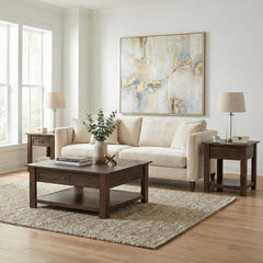 End Table with Drawer, Solid Acacia Wood, Distressed Charcoal Brown