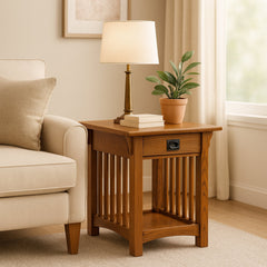End Table with Drawer, Solid Ash Wood in Medium Oak