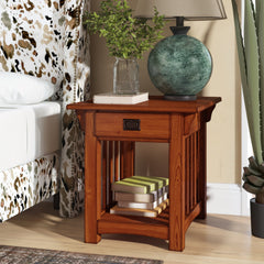 End Table with Drawer, Solid Ash Wood in Medium Oak