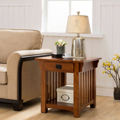 End Table with Drawer, Solid Ash Wood in Medium Oak