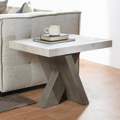 End Table with Faux Concrete Top and Solid Wood Cross Legs