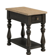End Table with Fixed Bottom Shelf, Antique Oak Top and Matte Black Base