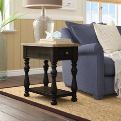 End Table with Fixed Bottom Shelf, Antique Oak Top and Matte Black Base