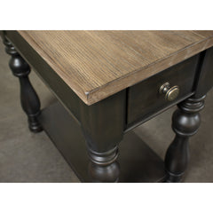 End Table with Fixed Bottom Shelf, Antique Oak Top and Matte Black Base