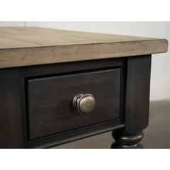 End Table with Fixed Bottom Shelf, Antique Oak Top and Matte Black Base