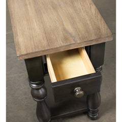 End Table with Fixed Bottom Shelf, Antique Oak Top and Matte Black Base