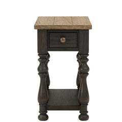 End Table with Fixed Bottom Shelf, Antique Oak Top and Matte Black Base
