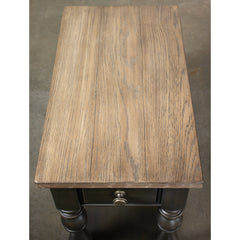End Table with Fixed Bottom Shelf, Antique Oak Top and Matte Black Base