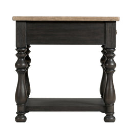End Table with Fixed Bottom Shelf, Antique Oak Top and Matte Black Base