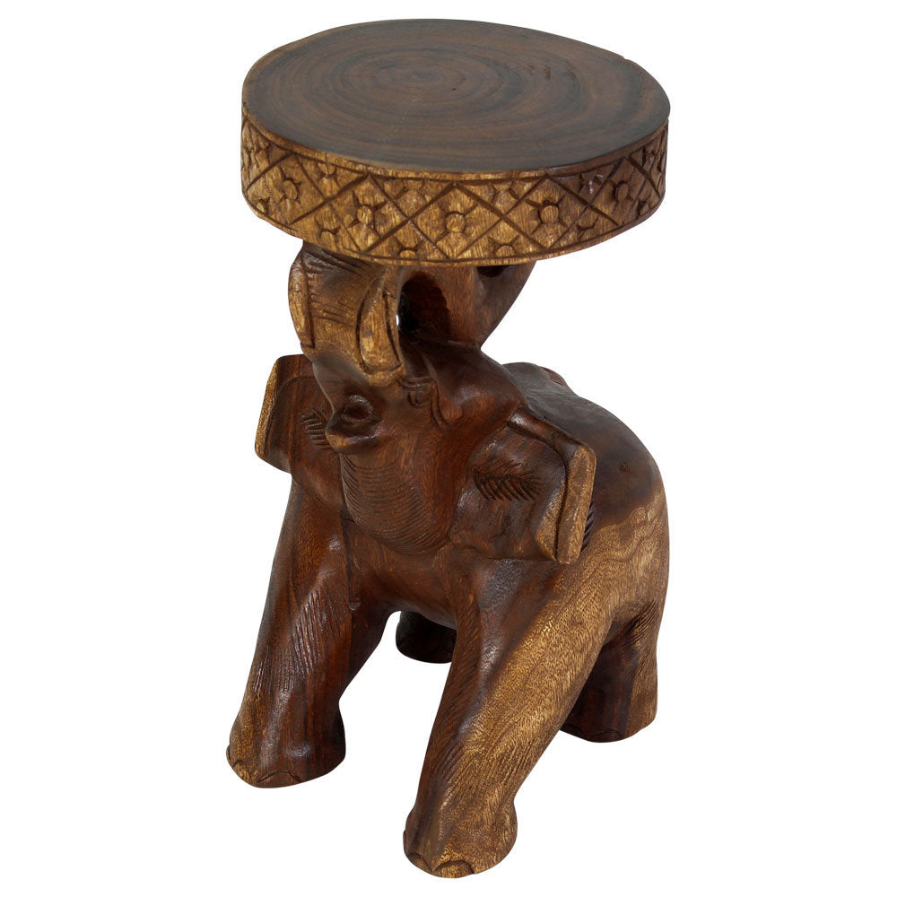 End Table with Hand-Carved Elephant Base in Walnut Solid Wood