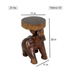 End Table with Hand-Carved Elephant Base in Walnut Solid Wood
