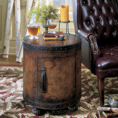 End Table with Storage, Round, Brown with Old-World Map Top