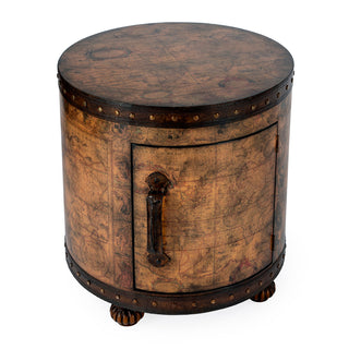 End Table with Storage, Round, Brown with Old-World Map Top