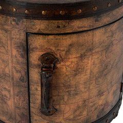 End Table with Storage, Round, Brown with Old-World Map Top