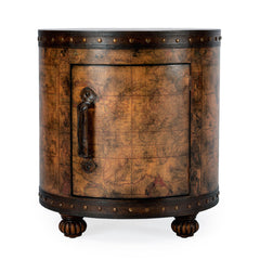 End Table with Storage, Round, Brown with Old-World Map Top