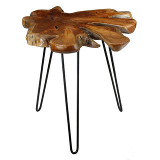 End Table with Teak Wood Top and Black Metal Hairpin Legs