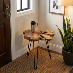 End Table with Teak Wood Top and Black Metal Hairpin Legs