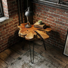 End Table with Teak Wood Top and Black Metal Hairpin Legs