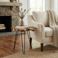 End Table with Teak Wood Top and Black Metal Hairpin Legs