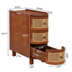 End Table with Three Rattan Drawers, Rectangular, Brown Four-Leg Base
