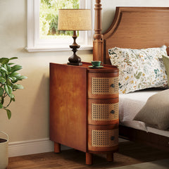 End Table with Three Rattan Drawers, Rectangular, Brown Four-Leg Base