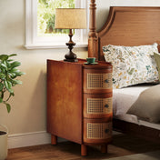 End Table with Three Rattan Drawers, Rectangular, Brown Four-Leg Base