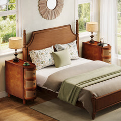 End Table with Three Rattan Drawers, Rectangular, Brown Four-Leg Base