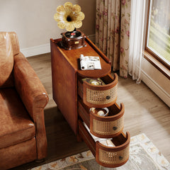 End Table with Three Rattan Drawers, Rectangular, Brown Four-Leg Base