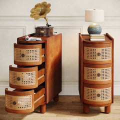 End Table with Three Rattan Drawers, Rectangular, Brown Four-Leg Base