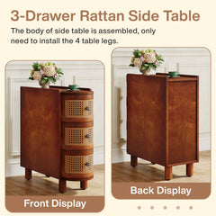 End Table with Three Rattan Drawers, Rectangular, Brown Four-Leg Base