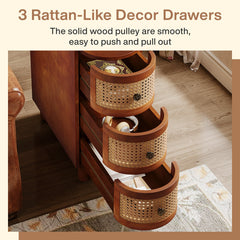 End Table with Three Rattan Drawers, Rectangular, Brown Four-Leg Base