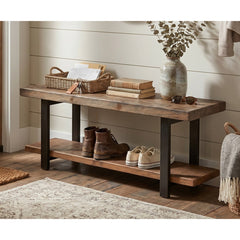 Entryway Bench, 48 in Wide, Natural Solid Wood with Metal Legs