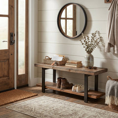 Entryway Bench, 48 in Wide, Natural Solid Wood with Metal Legs
